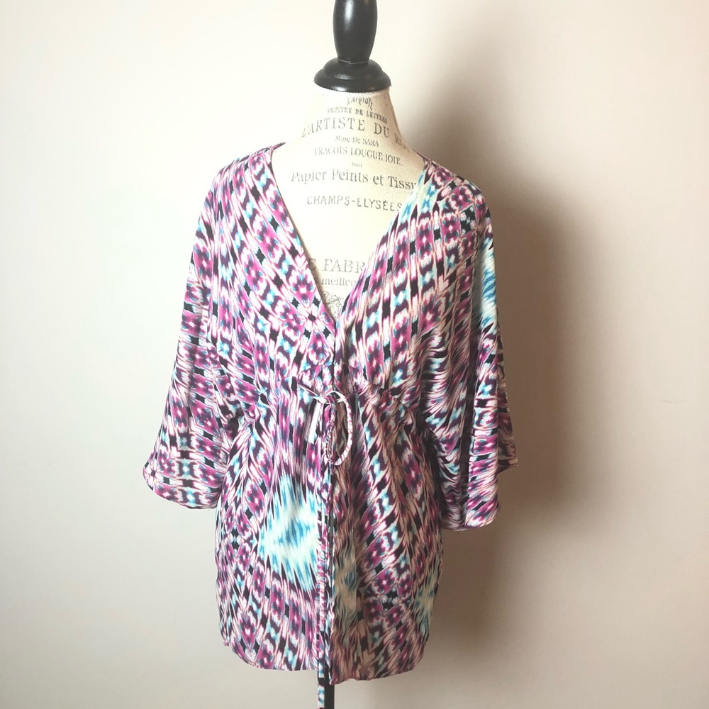Olivaceous M Kimono Sleeve Empire Tie Waist Blouse